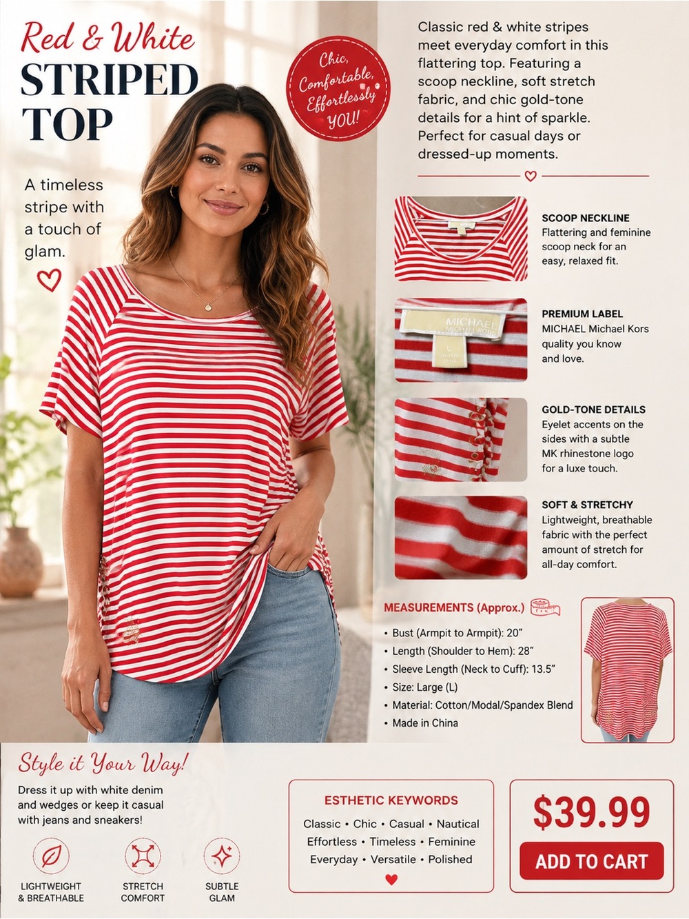Michael Kors Red and White Striped Short Sleeve Tee